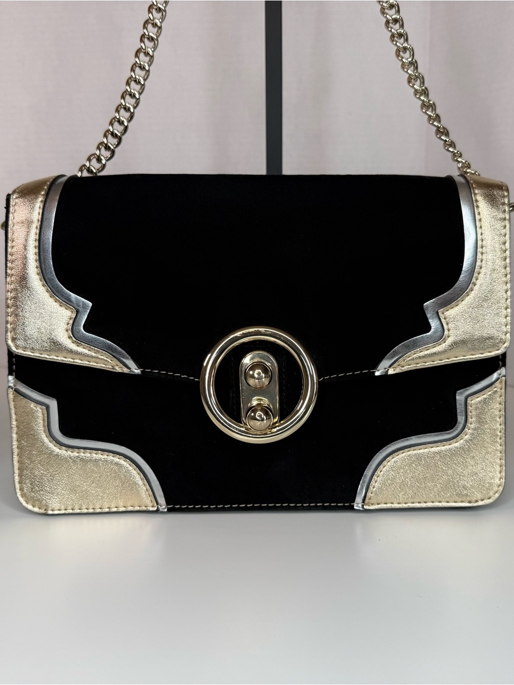 Express Women's Crossbody Mixed Media Black Velvet & Metallic Gold/Silver Bag - Picture 4 of 14